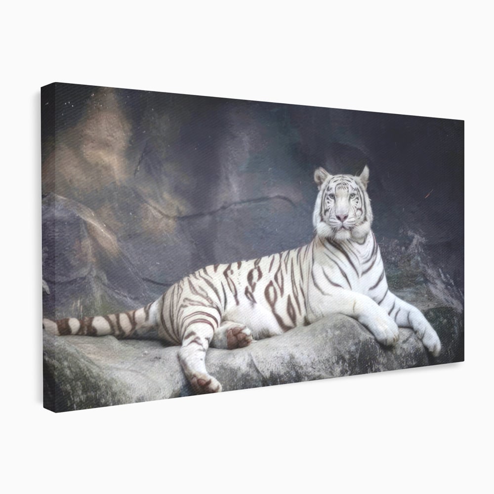 Tablou canvas cu tablou canvas cu tigru alb pe stanca, fara rama, pe sasiu de lemn